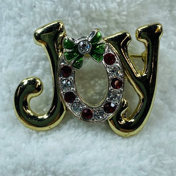 JOY Christmas Pin Brooch Gold Color Wreath Design Around the O Rhinestone Accent - Picture 8 of 13